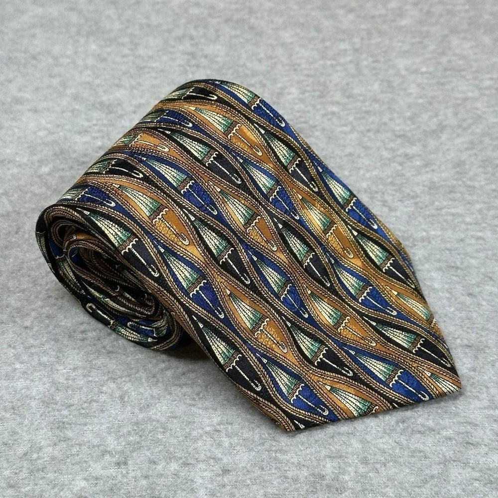 Vintage Mara Collection Tie 100% Silk Umbrella Print Gold Blue Countess Mara